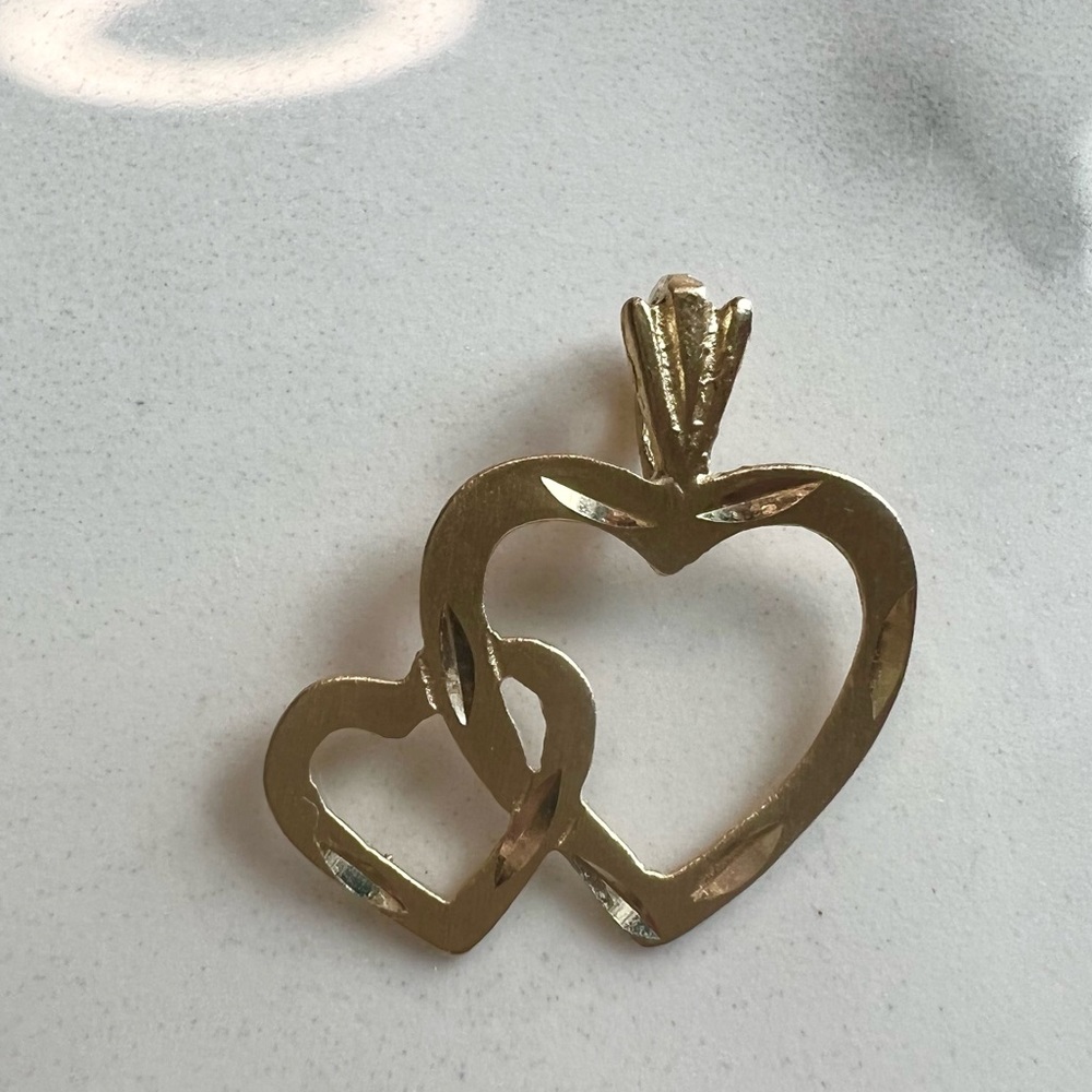 14k Yellow Solid Gold Vintage Double heart charm